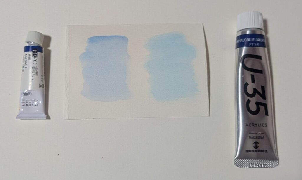 水で薄めた水彩絵の具と水で薄めたアクリル絵の具を水彩紙に塗った水彩紙と使った絵の具。左が水彩絵の具、右がアクリル絵の具。